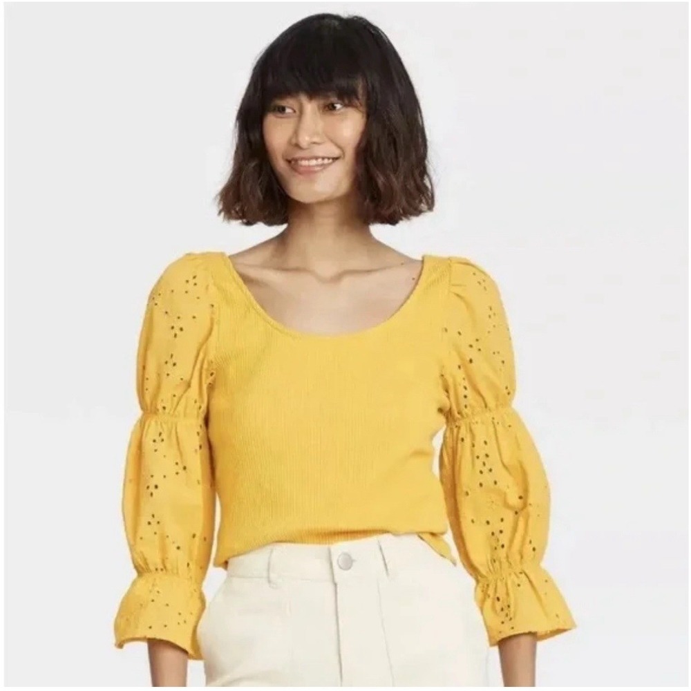 Who What Wear Yellow Eyelet Puff Sleeve Cottagecore Peasant Coquette Top M‎